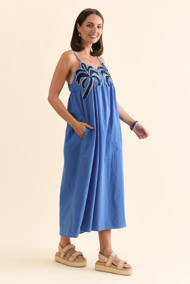 Essen Cobalt Cotton Poplin Embroidered Dress,Brunette model,alt text|model:MJ image 5