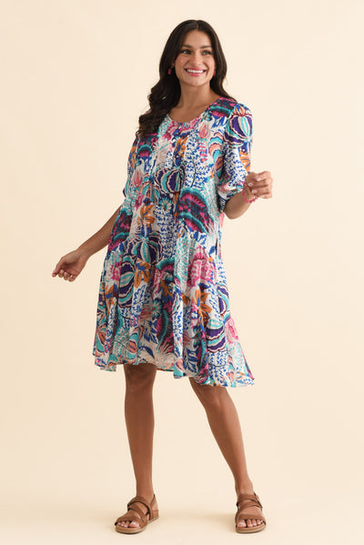 Esta Blue Garden Sleeved Dress