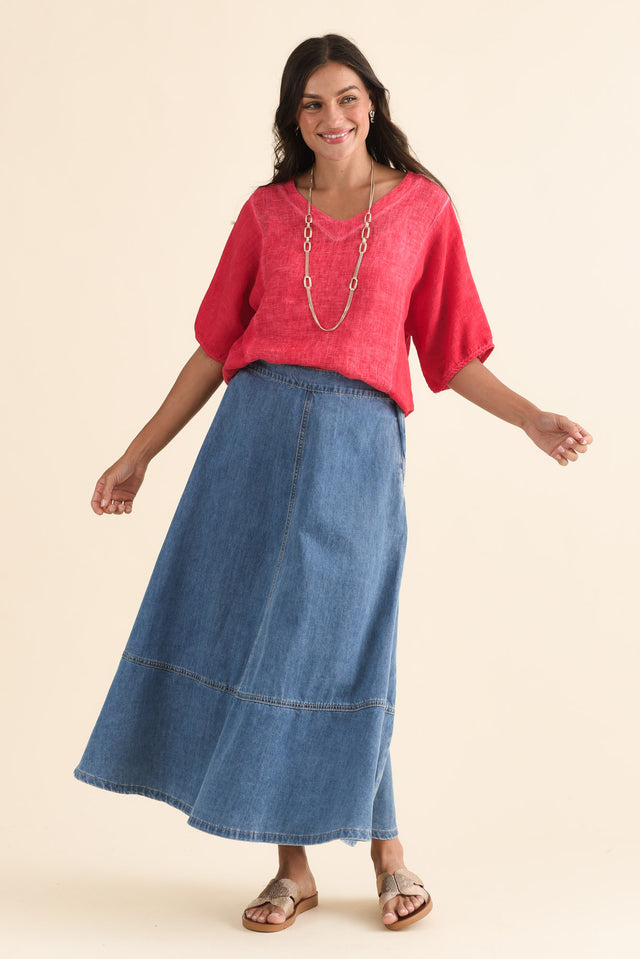 Estelle Blue Denim Midi Skirt,Full Body,Brunette model,alt text|model:Brontie