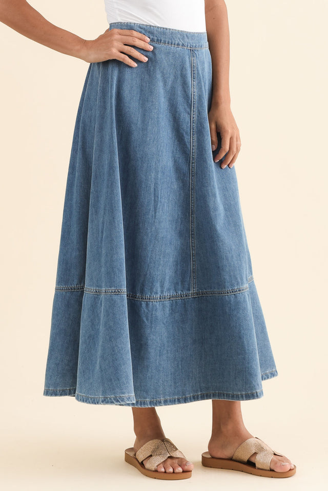 Estelle Blue Denim Midi Skirt,Side,Brunette model,alt text|model:Brontie image 3
