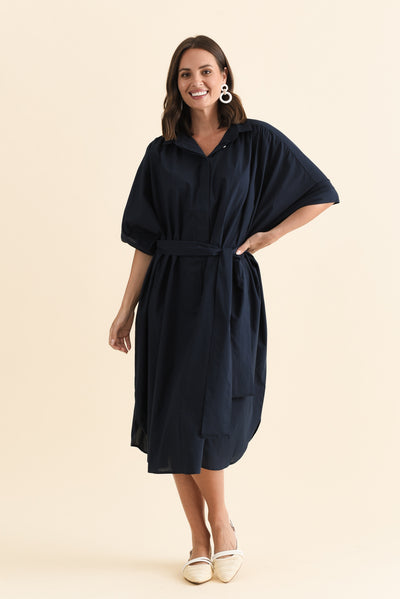 Esther Navy Cotton Tie Dress