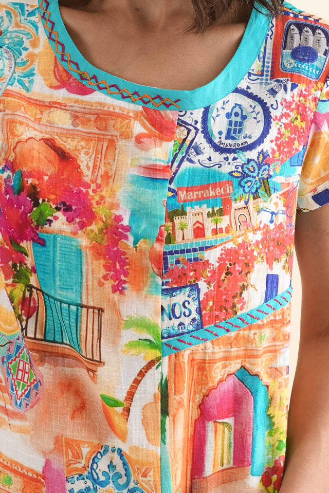 Ethel Blue Patchwork Organic Cotton Dress,Detail,Brunette model,alt text|model:Cara image 5