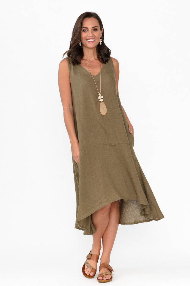 Ethel Khaki Linen Sleeveless Swing Dress