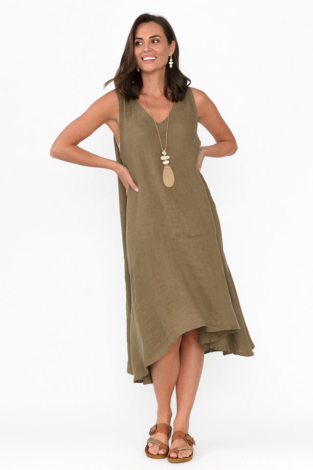 Ethel Khaki Linen Sleeveless Swing Dress
