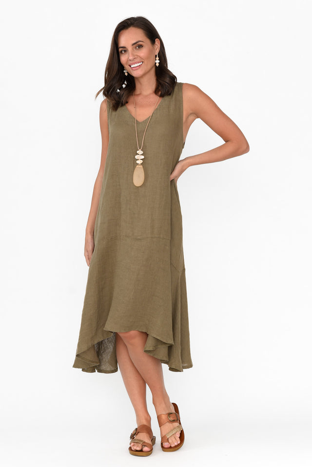 Ethel Khaki Linen Sleeveless Swing Dress