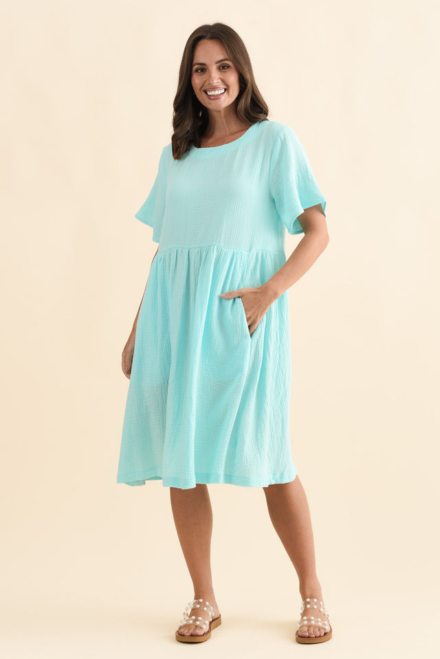 Cloud Gauze Light Blue Cotton Pocket Dress,Brunette model,alt text|model:MJ image 8