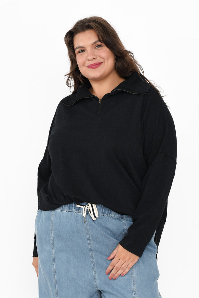 Etna Black Half Zip Sweatshirt,Brunette model,plus-size,curve-basics,curve-tops,plus-size-sleeved-tops,plus-size-cotton-tops,plus-size-basic-tops,plus-size-winter-clothing,plus-size-jumpers,alt text|model:Gabby image 8