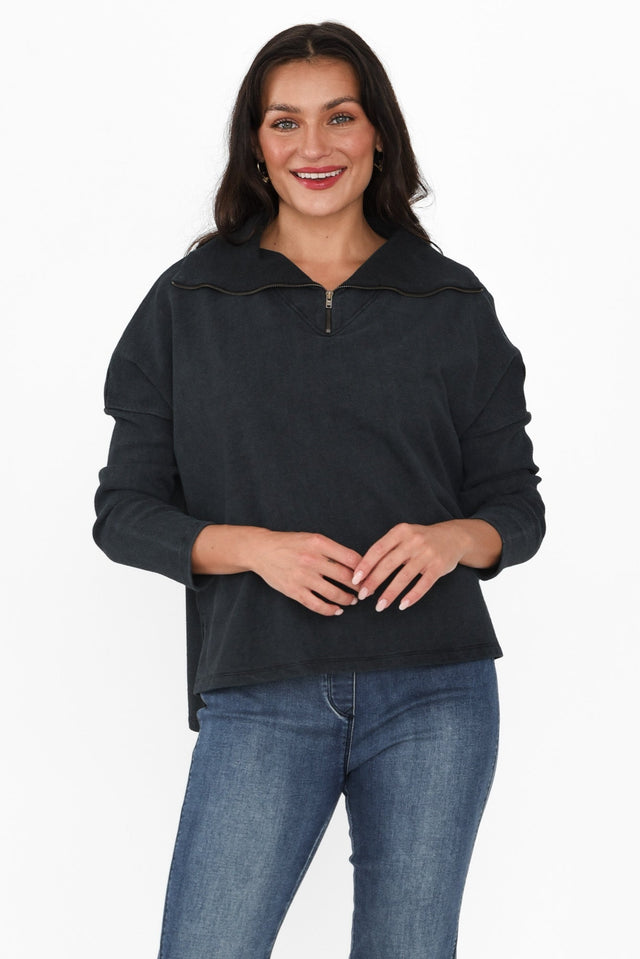 Etna Black Half Zip Sweatshirt,Brunette model,alt text|model:Brontie