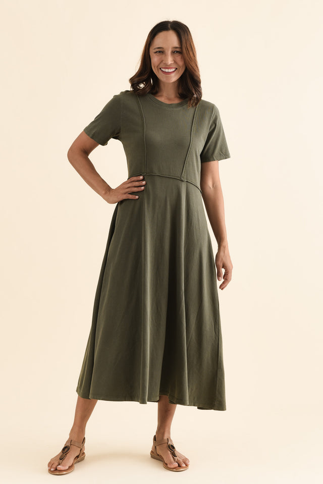 Eva Khaki Cotton Midi Dress,Full Body,Brunette model,alt text|model:Cara image 2