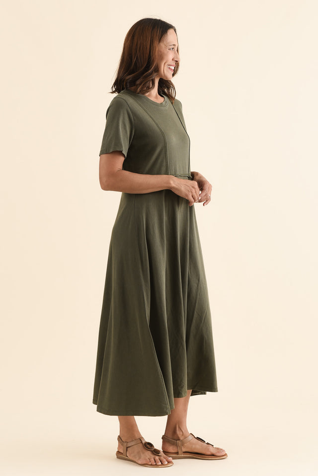 Eva Khaki Cotton Midi Dress,Side,Brunette model,alt text|model:Cara image 3