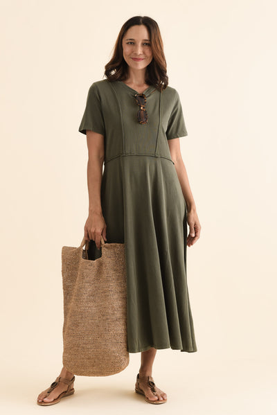 Eva Khaki Cotton Midi Dress