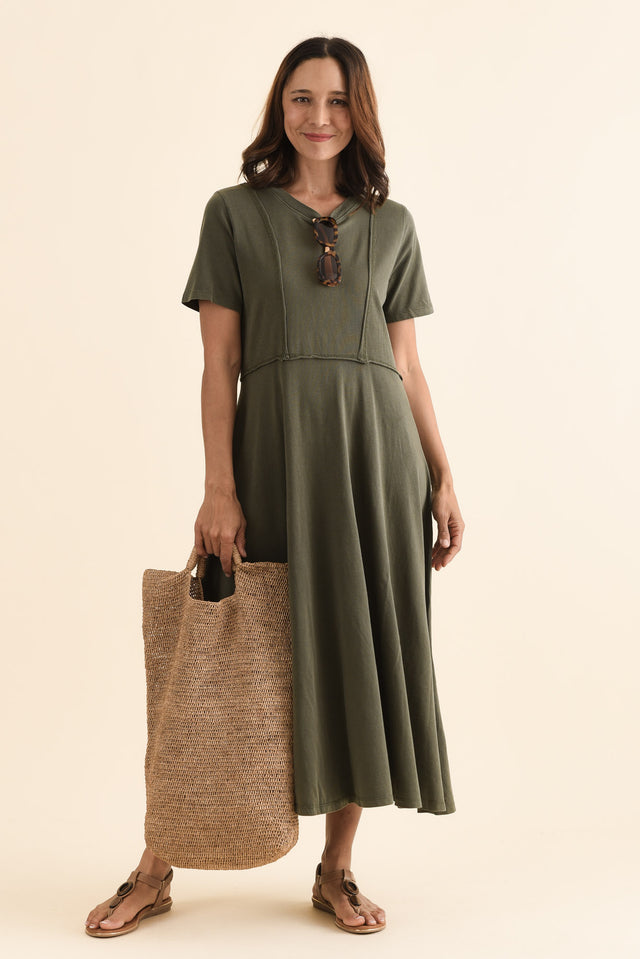 Eva Khaki Cotton Midi Dress,Front,Brunette model,alt text|model:Cara image 1