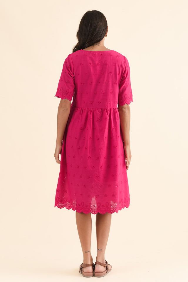 Evia Hot Pink Cotton Embroidered Dress,Back,Brunette model,alt text|model:Brontie image 4