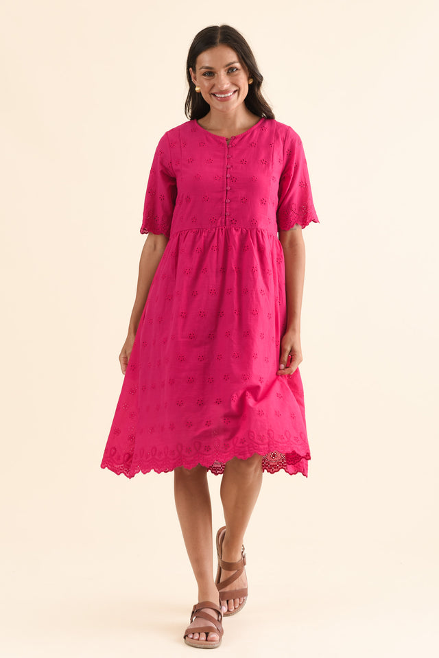 Evia Hot Pink Cotton Embroidered Dress,Front,Brunette model,alt text|model:Brontie