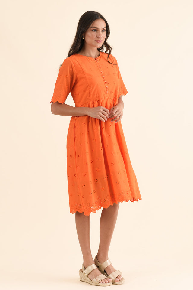 Evia Orange Cotton Embroidered Dress,Side,Brunette model,alt text|model:Brontie image 3