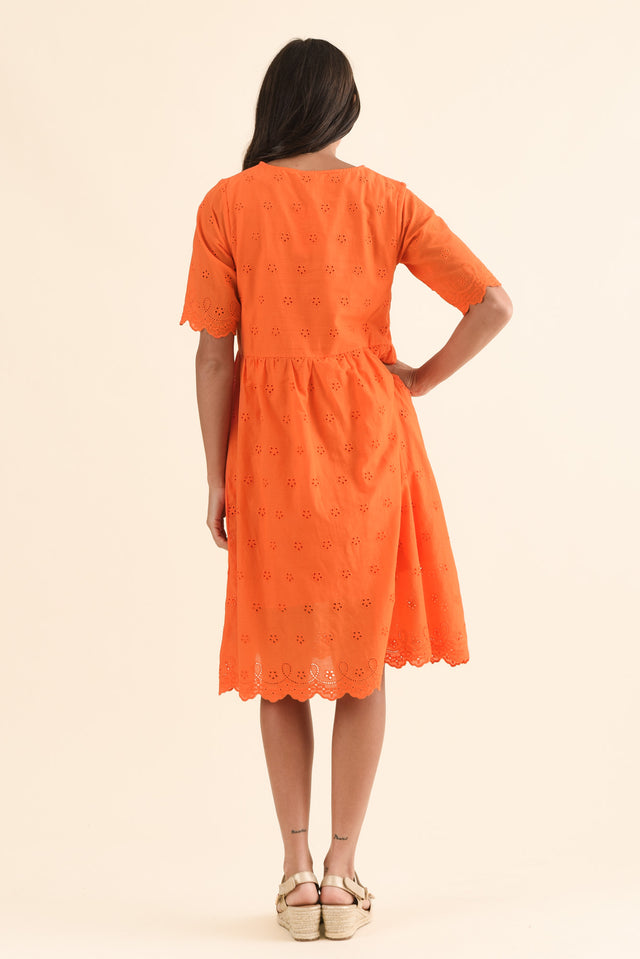 Evia Orange Cotton Embroidered Dress,Back,Brunette model,alt text|model:Brontie image 4