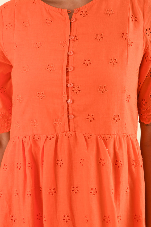 Evia Orange Cotton Embroidered Dress,Detail,Brunette model,alt text|model:Brontie image 5