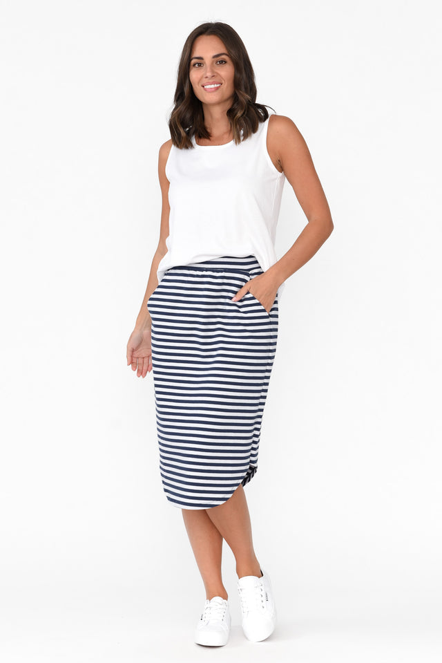 Evie Navy Stripe Cotton Blend Skirt image 6
