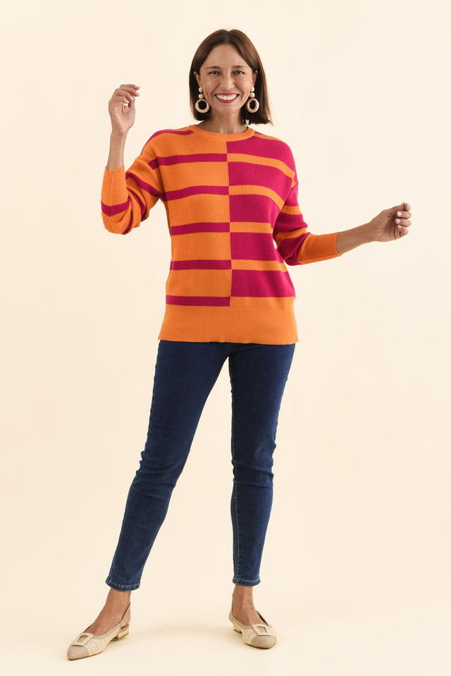 Evolet Orange Stripe Organic Cotton Knit Jumper,Brunette model,alt text|model:Cara image 7