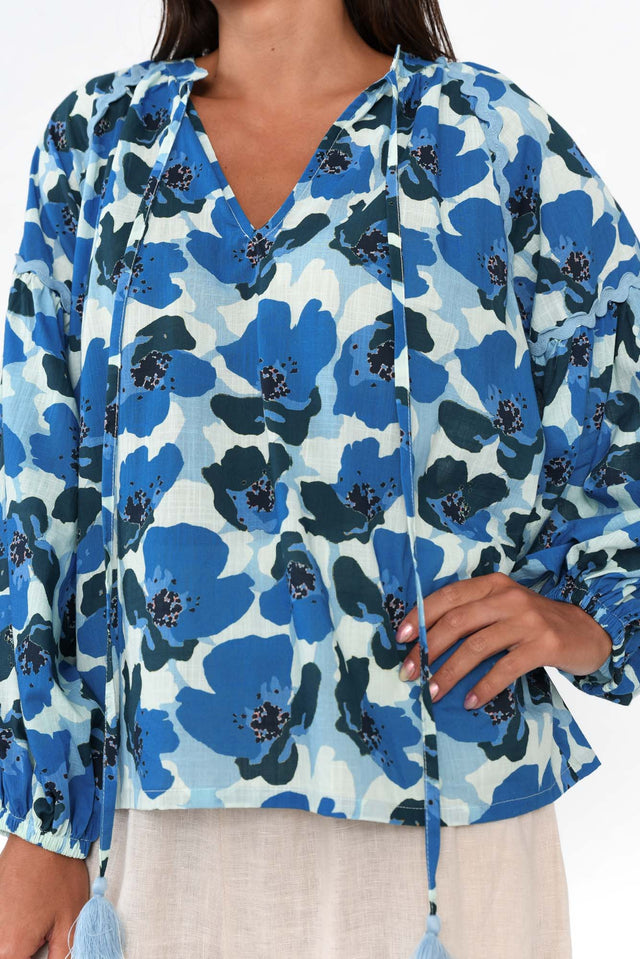 Eydie Blue Poppy Cotton Tie Top