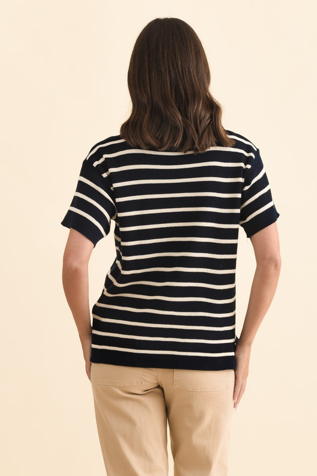 Fabian Navy Stripe Cotton Knit Top,Brunette model,alt text|model:MJ image 5
