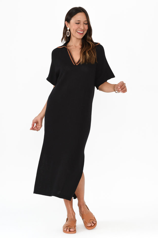 Fabiola Black Contrast Knit Dress,Brunette model,alt text|model:Cara image 7