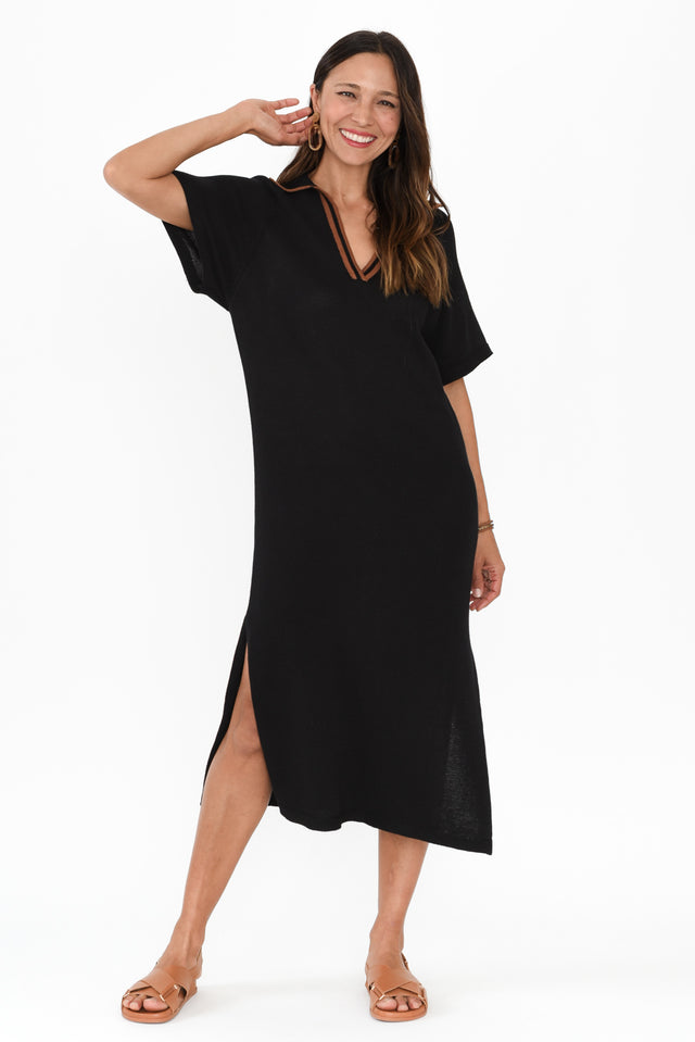 Fabiola Black Contrast Knit Dress,Brunette model,alt text|model:Cara image 3