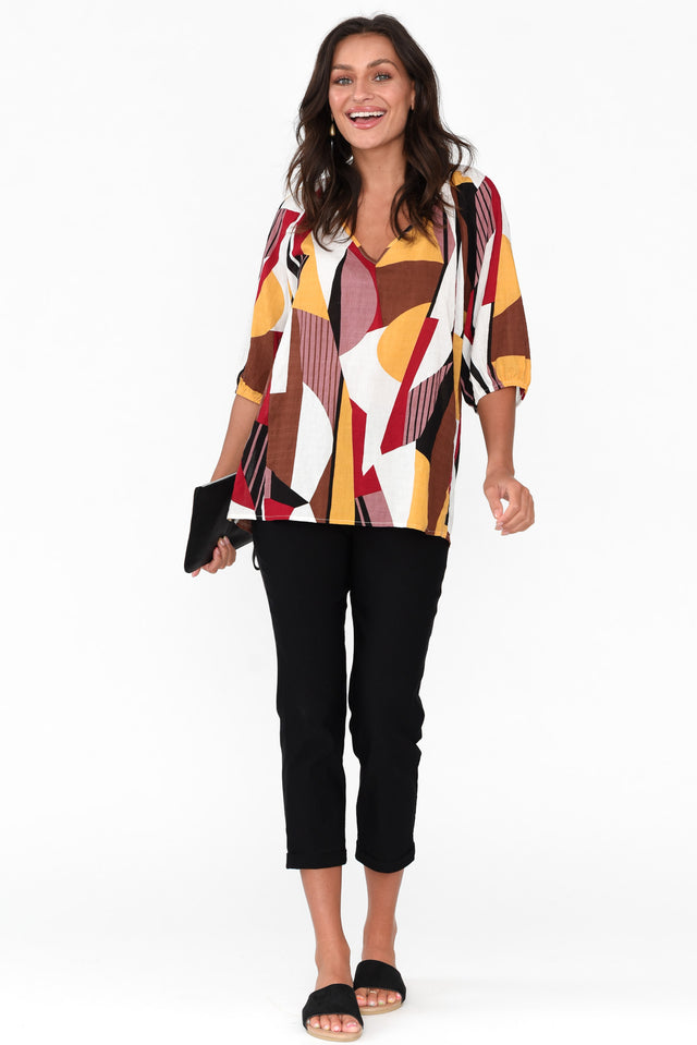 Faelyn Chocolate Abstract Cotton Blend Top