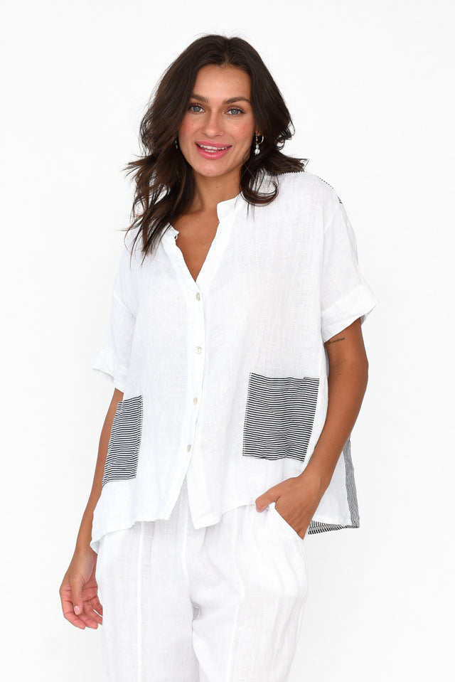 Falice Navy Stripe Linen Shirt neckline_V Neck