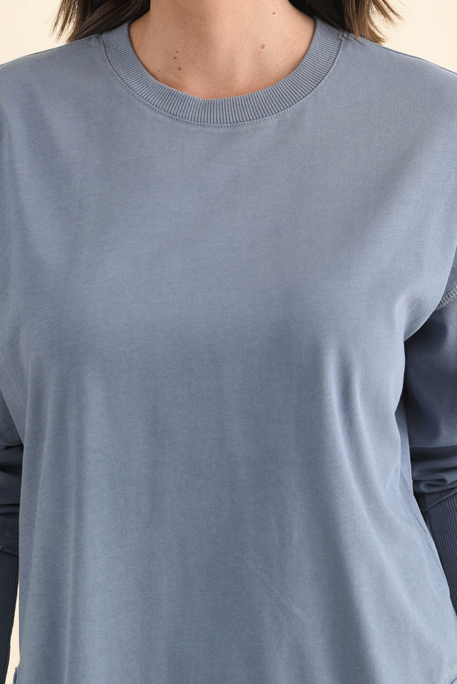 Farrah Blue Cotton Long Sleeve Top,Brunette model,alt text|model:MJ image 6