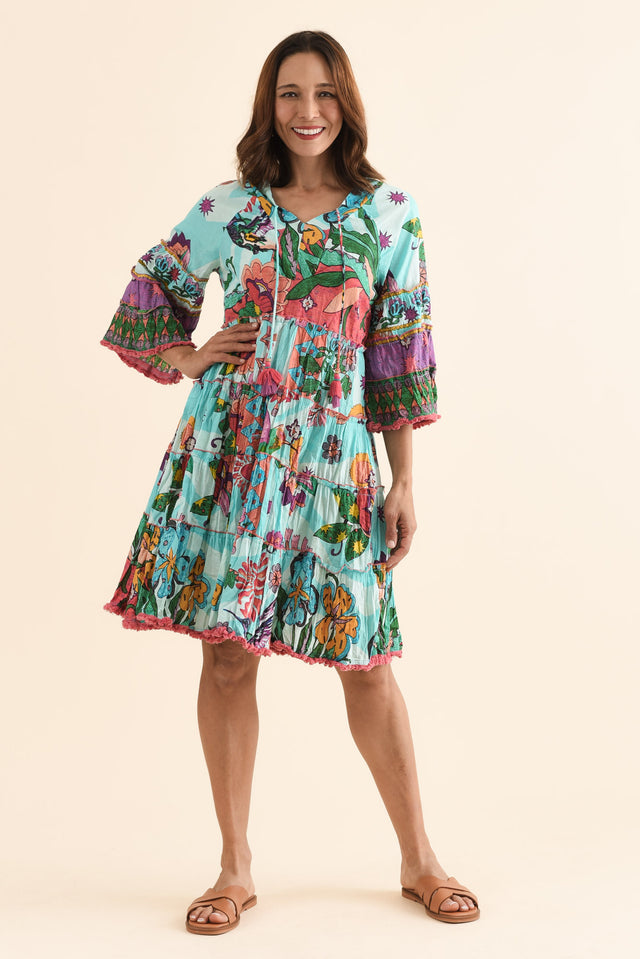 Farren Blue Floral Tiered Dress,Front,Brunette model,alt text|model:Cara image 1