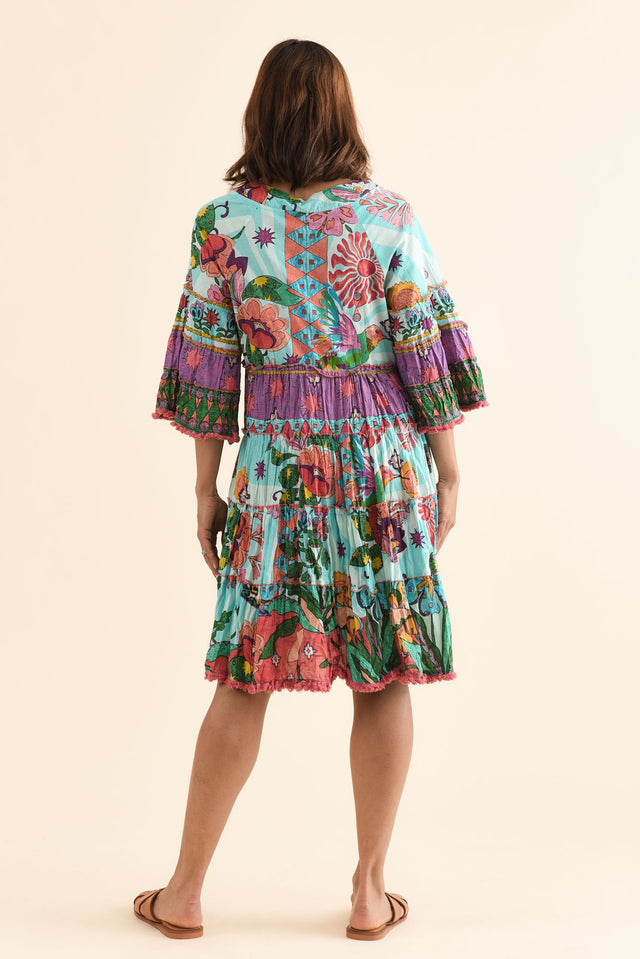 Farren Blue Floral Tiered Dress,Back,Brunette model,alt text|model:Cara image 4