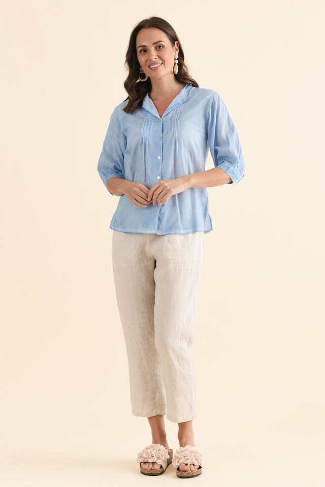 Farrow Blue Cotton Pleated Blouse,Full Body,Brunette model,alt text|model:MJ image 6