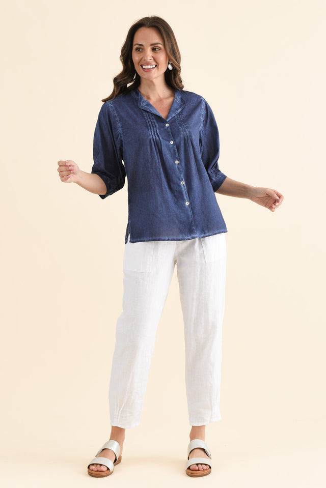 Farrow Navy Cotton Pleated Blouse,Full Body,Brunette model,alt text|model:MJ image 6