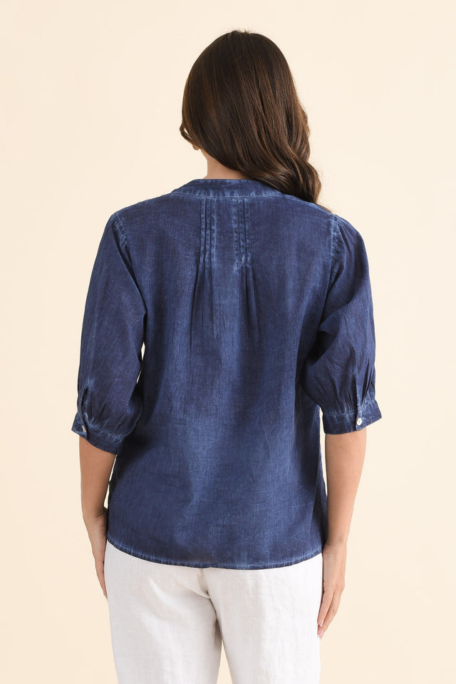 Farrow Navy Cotton Pleated Blouse,Back,Brunette model,alt text|model:MJ image 4