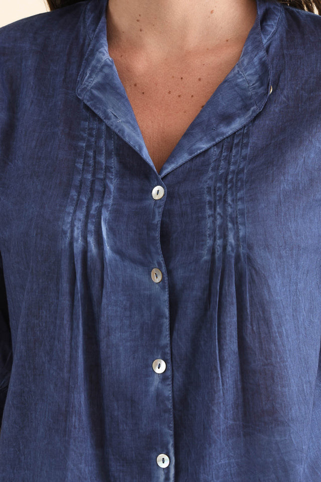 Farrow Navy Cotton Pleated Blouse,Detail,Brunette model,alt text|model:MJ image 5
