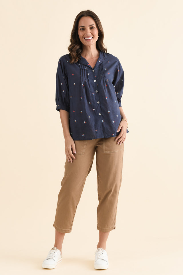Farrow Navy Nautical Cotton Pleated Blouse,Full Body,Brunette model,alt text|model:MJ image 2