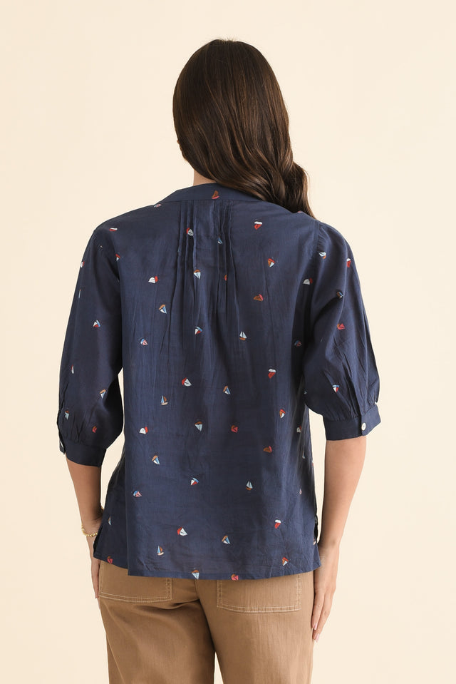 Farrow Navy Nautical Cotton Pleated Blouse,Back,Brunette model,alt text|model:MJ image 4