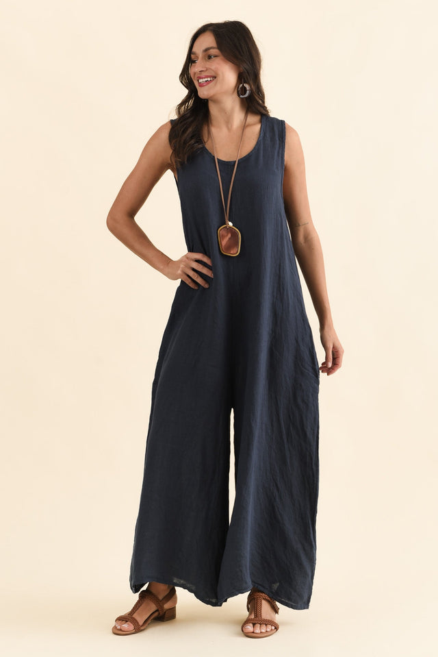 Fay Navy Linen Jumpsuit,Front,Brunette model,alt text|model:Brontie