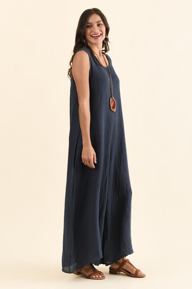Fay Navy Linen Jumpsuit,Side,Brunette model,alt text|model:Brontie image 4