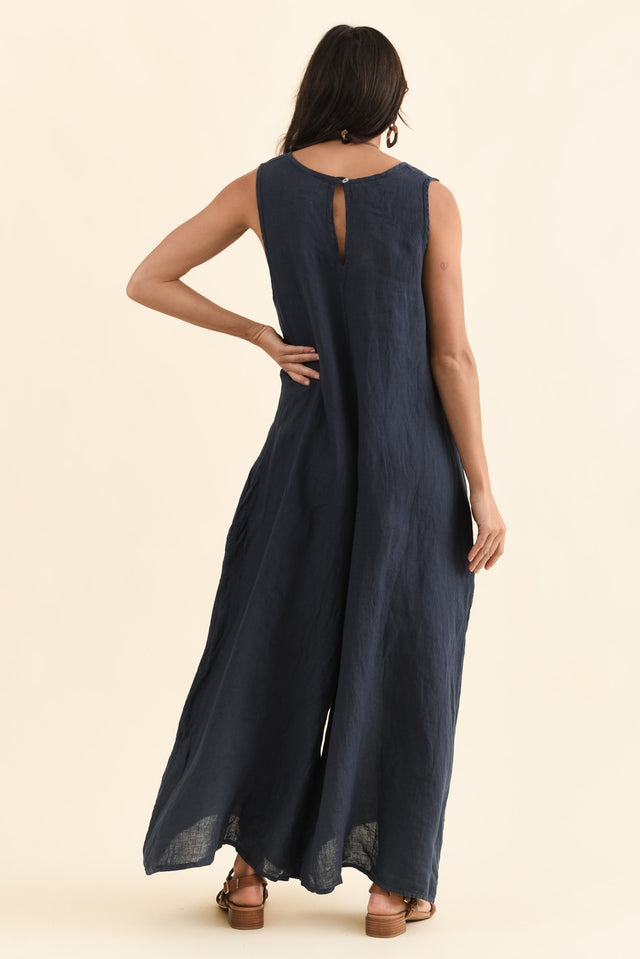 Fay Navy Linen Jumpsuit,Back,Brunette model,alt text|model:Brontie image 5
