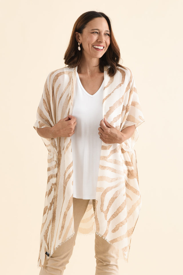 Felicia Natural Animal Kimono,Front,Brunette model,alt text|model:Cara image 1