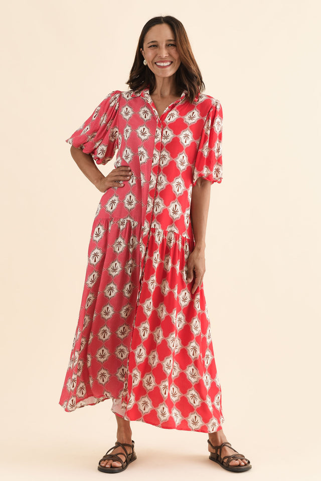 Felix Pink Palm Shirt Dress,Full Body,Brunette model,alt text|model:Cara image 2