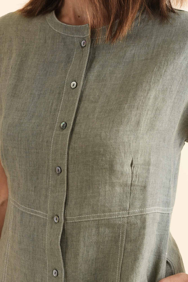 Fenton Sage Linen Button Dress,Detail,Brunette model,alt text|model:Cara image 5