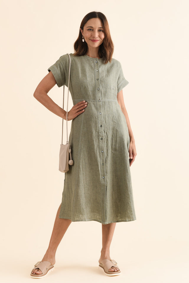 Fenton Sage Linen Button Dress,Front,Brunette model,alt text|model:Cara