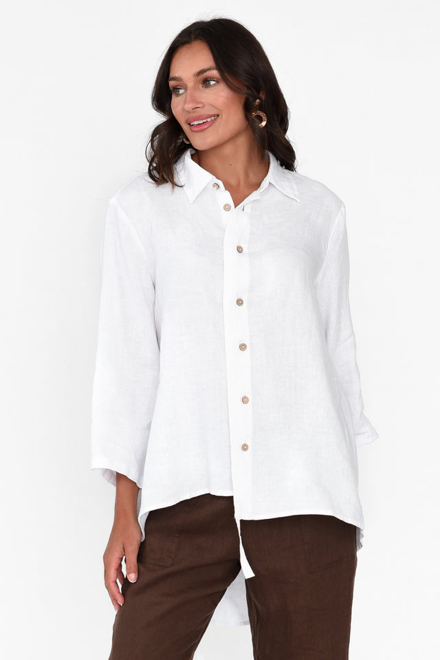 Feodora White Linen Asymmetric Shirt neckline_V Neck  alt text|model:Brontie;wearing:XS