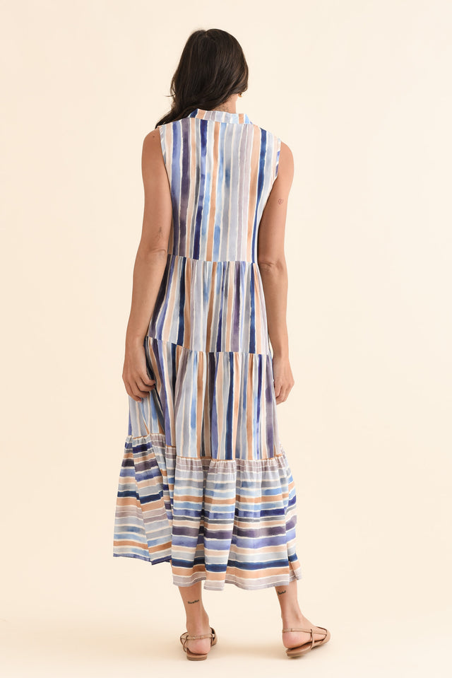 Fernando Blue Stripe Button Dress,Back,Brunette model,alt text|model:Brontie image 4