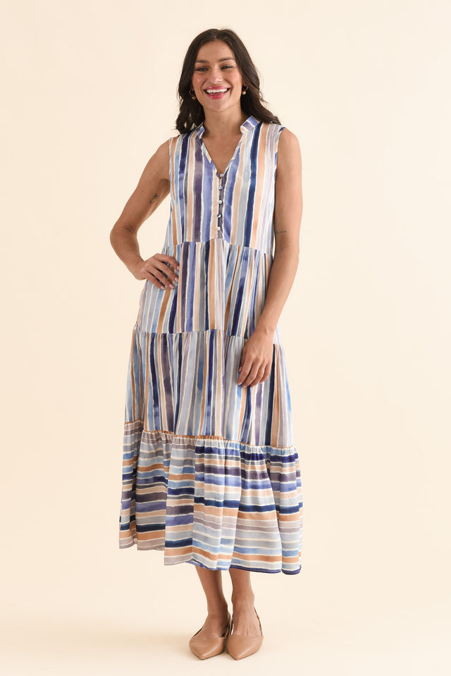 Fernando Blue Stripe Button Dress,Full Body,Brunette model,alt text|model:Brontie image 2