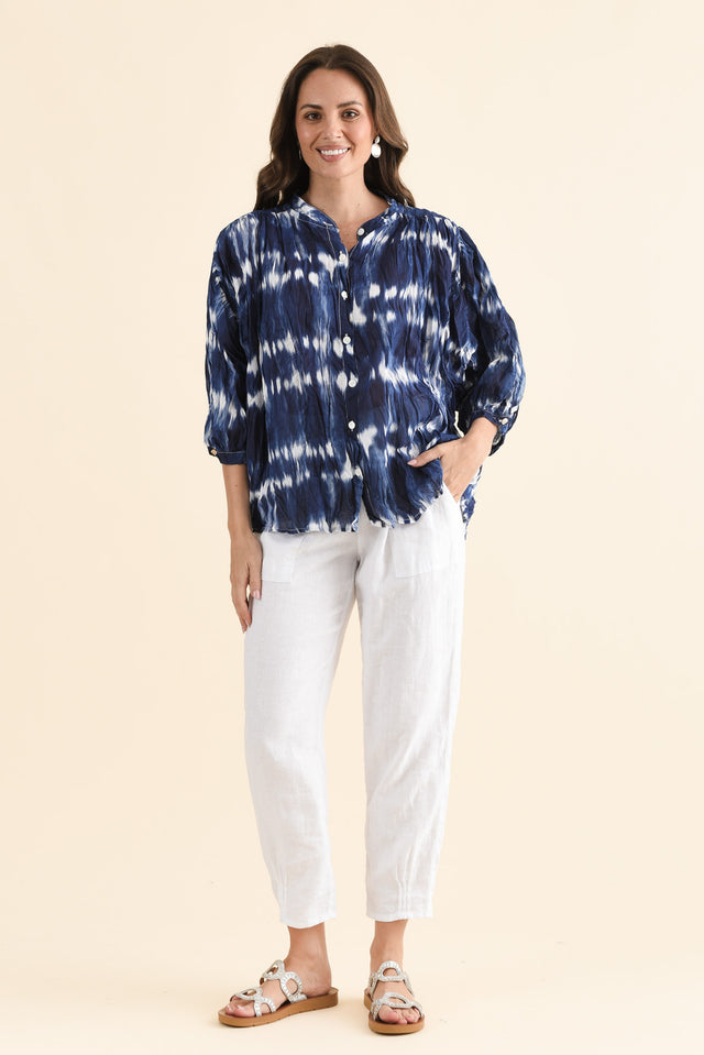 Feyra Navy Tie Dye Crinkle Cotton Blouse,Full Body,Brunette model,alt text|model:MJ