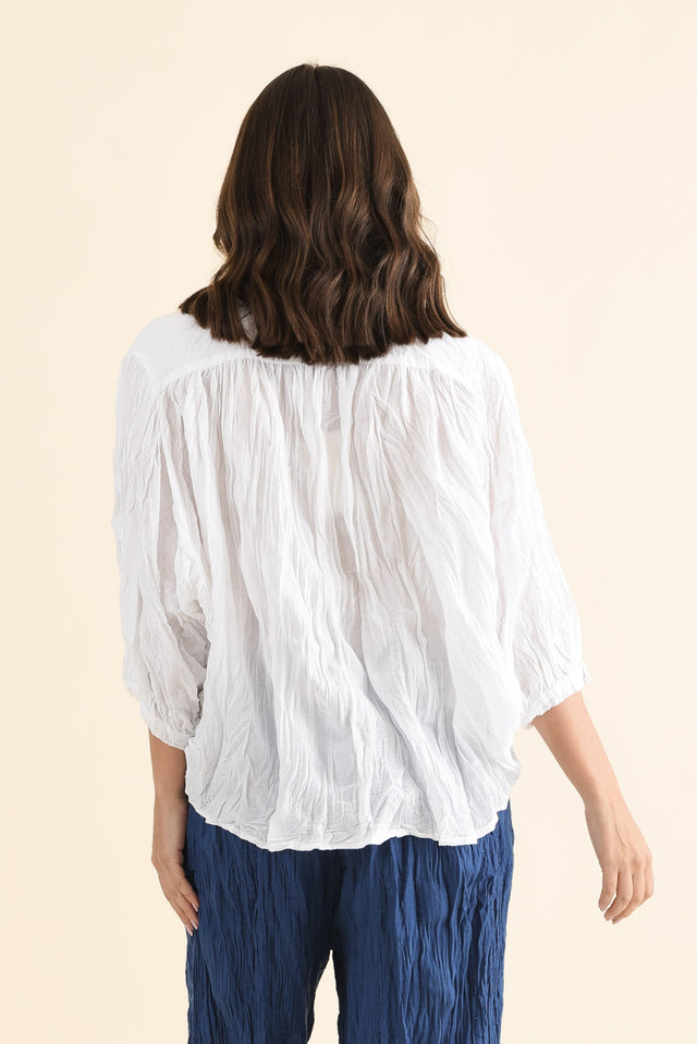 Feyra White Crinkle Cotton Blouse,Back,Brunette model,alt text|model:MJ image 4